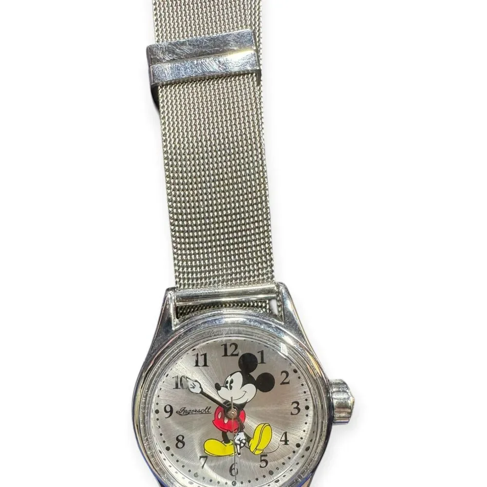 Disneyland Ingersoll Mickey Mouse Watch Silver Swiss Watch Base‎ VTG Rare